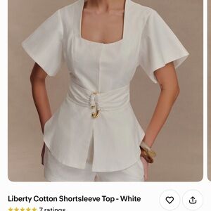Meshki White Square-Neck Short Sleeve Peplum Top with Gold Hardware
